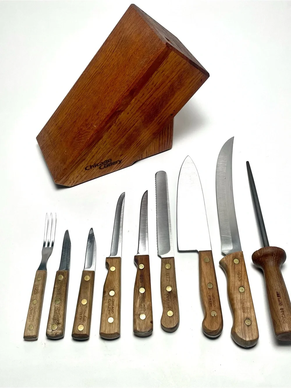 Vintage Chicago Cutlery 10 Piece Kitchen Knife, Fork & Block Set Walnut USA